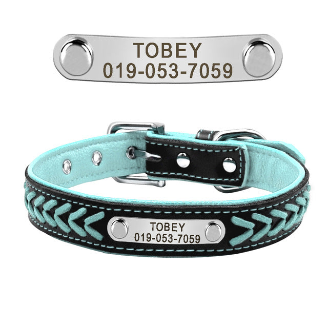 Personalized Reflective Leather Pet ID Tag Collar